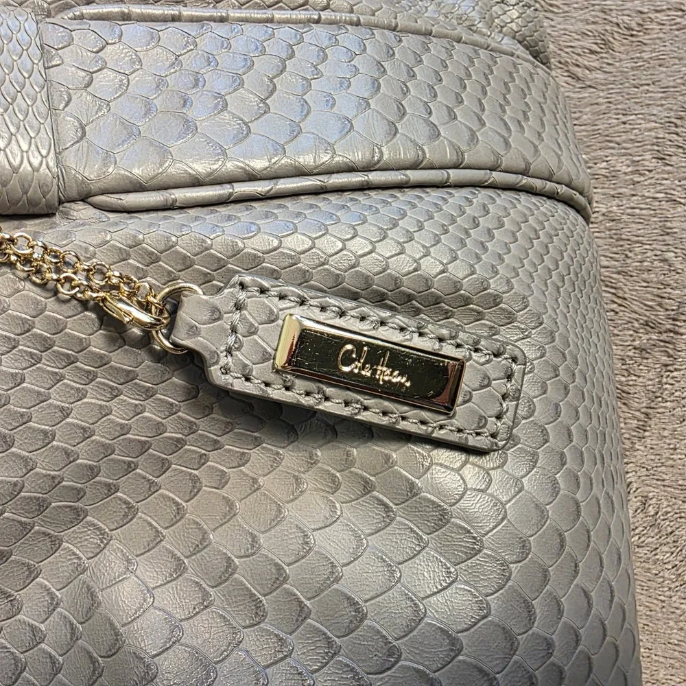 Cole Haan Genevieve Grey Snake Embossed Leather Satchel Shoulder Bag Gold Tags